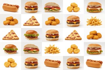 Assorted fast food including burgers hot dogs pizza and fries hamburger cheeseburger