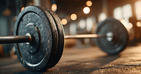 Barbell on the floor in the gym. Horizontal banner for a gym.
