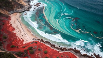 Vibrant aerial view of a stunning coastline with turquoise ocean waves crashing on a sandy beach and red earth.