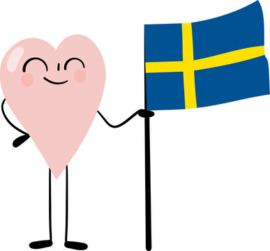 illustration of Sweden flag with heart cartoon character