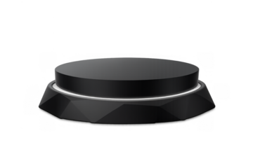 Black round pedestal showcasing product on modern geometric platform with light ring, transparent background