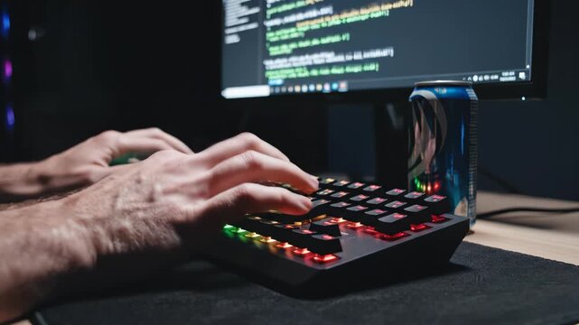 Person typing on a backlit keyboard with a drink