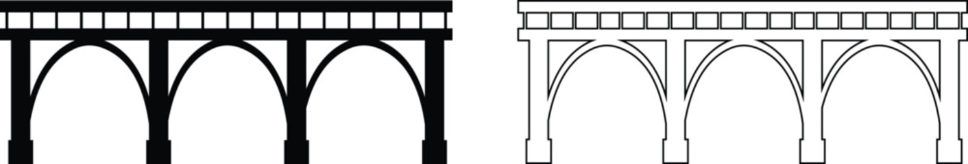 Bridge icons set collection with arch suspension truss viaduct structures in flat and line style, transportation infrastructure outline illustration group for city map UI design