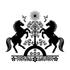 Two black horses dancing around a ornamental tree with sun and floral motifs on white background