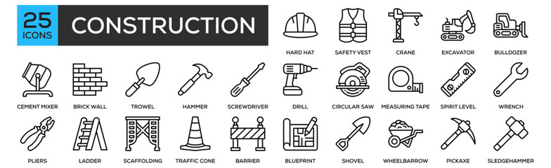 Construction Icon Collection Set. containing Design Hard Hat, Safety Vest, Crane, Excavator, Bulldozer