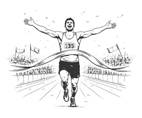 Male runner crossing marathon finish line with raised arms, dynamic black and white hand drawn line art vector illustration