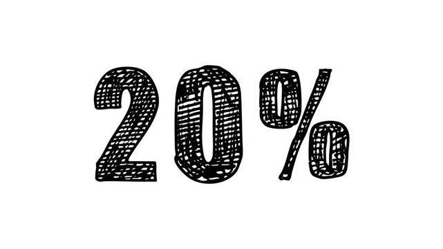 Hand drawn twenty percent sign animation with cross hatch texture on white background for retail sales discounts promotional marketing and financial progress reports.
