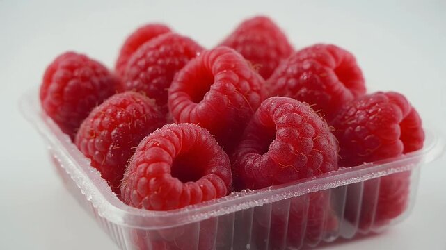 Close-up view of fresh raspberries in a plastic container on a white background