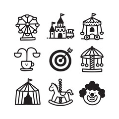 Naklejka premium Hand Drawn Amusement Park and Carnival Entertainment Black and White Vector Icons.