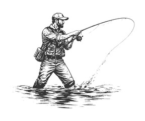 Man fishing in river with calm water and reflection, peaceful black and white hand drawn outdoor illustration