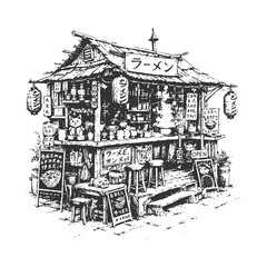 Traditional Japanese ramen shop exterior with lanterns and signage, detailed black and white hand drawn urban illustration