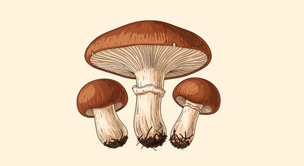 Realistic group of three brown forest mushrooms with thick white stems and wide caps illustrated in a detailed style on neutral background.