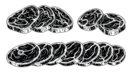 Graphic black and white illustration of marbled raw meat slices showing intricate fat patterns and realistic texture for food designs.