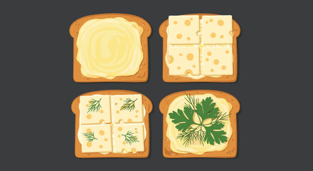 Selection of four toasted bread slices topped with various creamy spreads, swiss cheese slices, and fresh herbs like dill and parsley leaves.