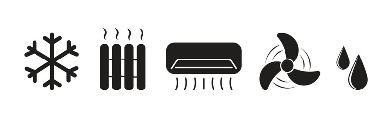 Heating and Cooling Icons Set, Climate Control and Ventilation Symbols