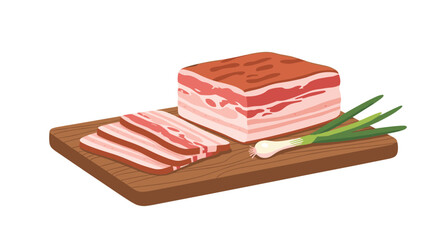 Fresh slab of raw bacon with thin slices and a green onion garnish presented on a rustic wooden cutting board for kitchen meal preparation.