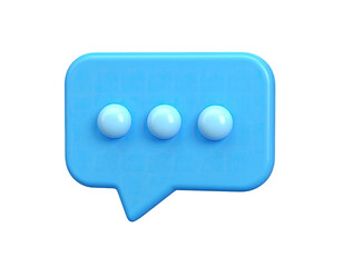 3D-rendered speech bubble in light blue, with three white circles inside, on a black backdrop