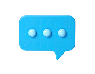 3D-rendered, solid-blue speech bubble icon with three small spheres, suggesting a chat or messaging