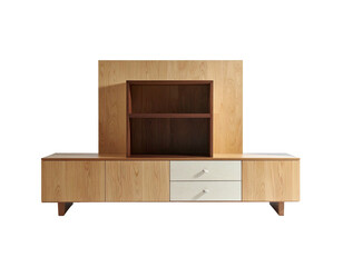Modern wooden entertainment center with integrated shelving and drawers, a minimalist aesthetic