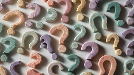 木製の疑問符が並ぶナチュラル背景、温もりある質感