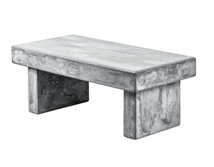 A grayscale, rectangular concrete bench isolated on a black background, with visible texture