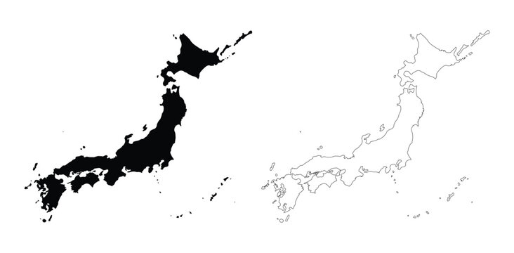 A detailed black and white silhouette of Japan's islands. Minimalist illustration of the country's geography.