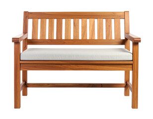 A classic, rectangular wooden bench with a comfortable, cream-colored cushion and armrests