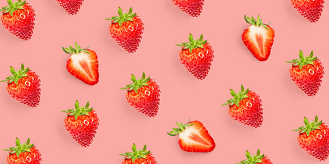 Strawberry pattern on pink background. Minimalist repeat composition with fresh whole and sliced strawberries