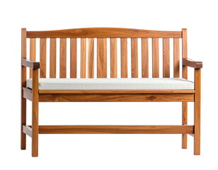 A classic, wooden park bench with a cushion seat. It features armrests and a slatted back