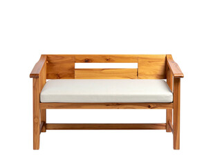 Sturdy wooden bench with a cream-colored cushion, presented against a black backdrop