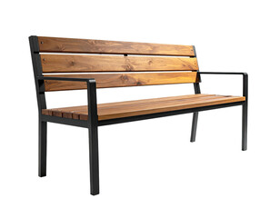 Wooden slatted bench with dark metal frame, isolated on black background