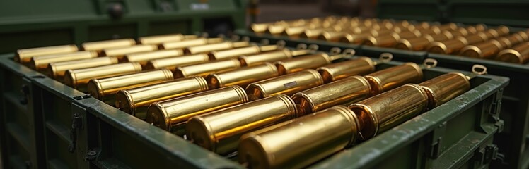 Fototapeta premium Rows of golden bullet casings fill green military transport crates. Ammunition packed for war or defense. Metal cartridges loaded onto army vehicle for shipment.