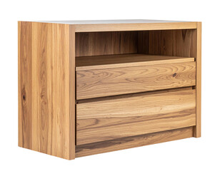 Wooden nightstand with two drawers and a shelf, photographed against a neutral background