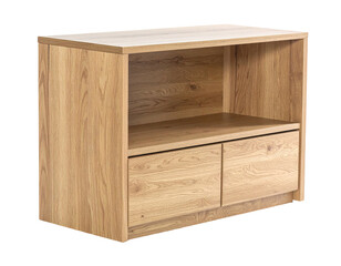 Medium-sized, rectangular wooden cabinet with two drawers and an open center shelf