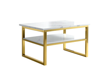 Modern square coffee table, white marble top, gold metal frame, two-tiered design, isolated