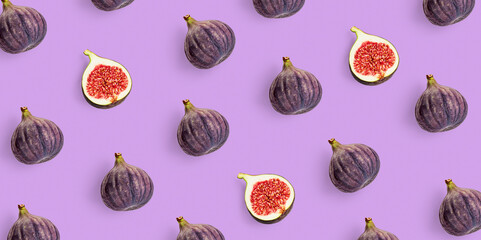 Fig pattern on purple background. Minimalist repeat composition with fresh whole and sliced figs