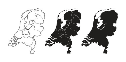 Three minimalist silhouettes of the Netherlands map. Simple and clean design suitable for various applications.