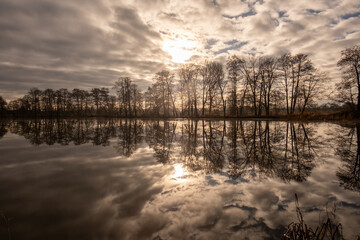 Tree line reflected in calm lake under dramatic cloudy sky