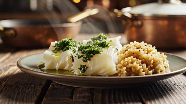 Exquisite codfish dish with risotto, presented on rustic wooden table, served dinner