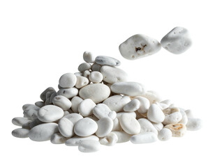 A pile of smooth, white, rounded stones; one appears to be floating above the pile