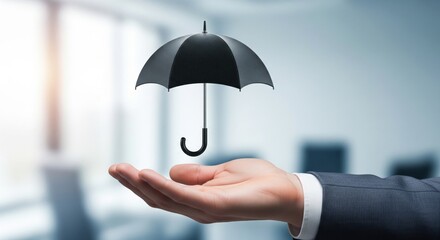 Business hand holding a black umbrella symbolizing corporate protection, risk management, insurance, financial security, leadership responsibility, and crisis prevention