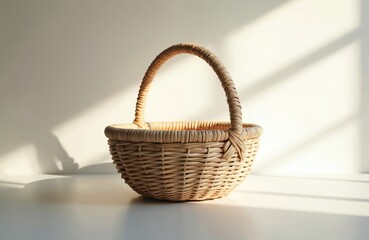 Woven rattan basket with handle sits on white table surface. Natural light casts shadows creating organic geometric patterns on wall. Minimalist design, simple object.