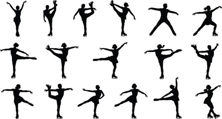 Figure skating silhouettes collection showing elegant ice skater poses and jumps, winter sport action, black vector illustration set for performance and training