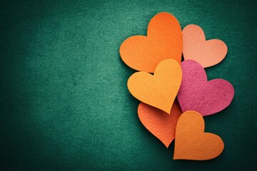 Colorful paper hearts arranged on a green background showing a simple decoration idea for events