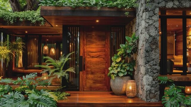 Entrance to Serenity: A luxurious property's entrance invites you with its warm wooden door, complemented by the lush greenery, soft lighting, and natural stone facade.