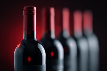 Red wine bottles in a row against dark red background