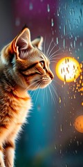 Soft light illuminates feline friend observing rain streaked pane,  relaxed,  gentle