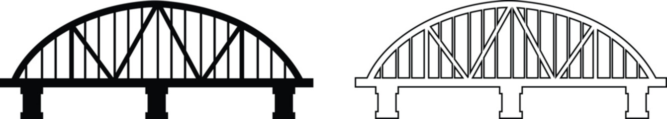 Bridge icons set collection with arch suspension truss viaduct structures in flat and line style, transportation infrastructure outline illustration group for city map UI design