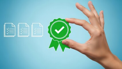Hand reaching for green checkmark icon with documents on a blue background