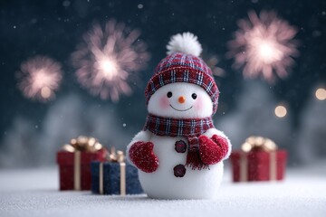 Fototapeta premium Smiling snowman with gifts and fireworks in snowy celebration